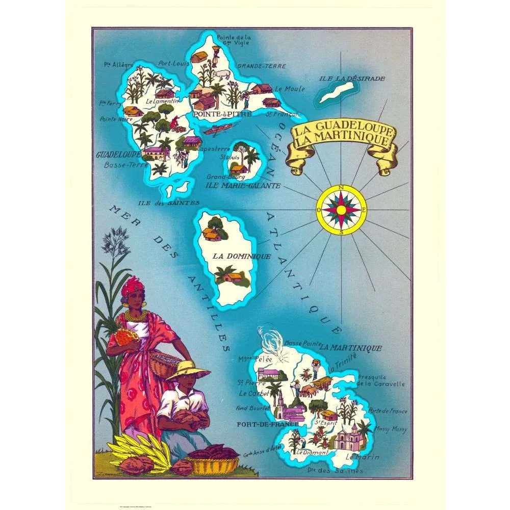 Fac-similé de carte ancienne Guadeloupe Martinique – Antilles françaises illustrée