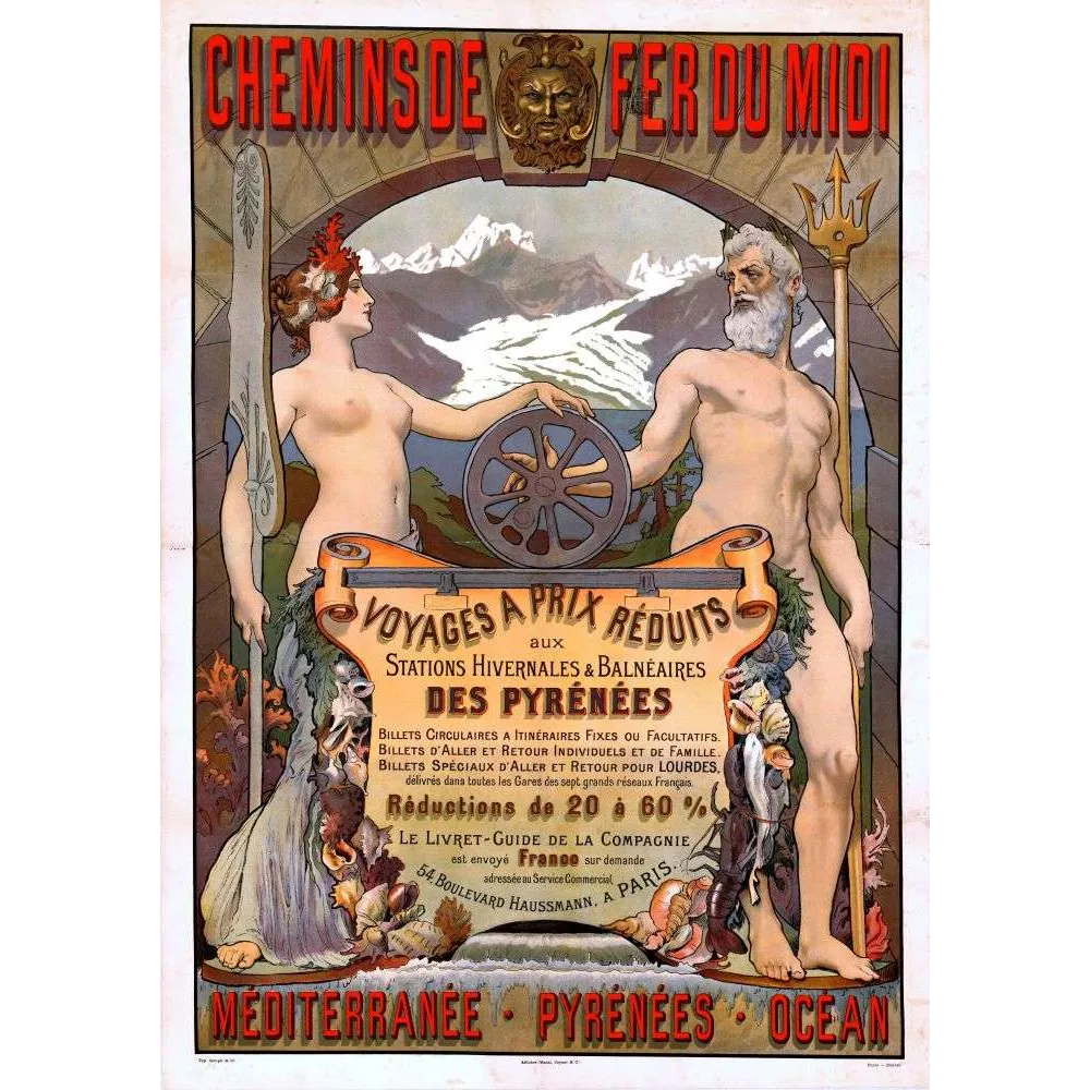 Affiche ancienne Chemins de Fer du Midi – Pyrénées voyages XIXe Affiche ancienne Chemins de Fer du Midi – Pyrénées voyages XIXe