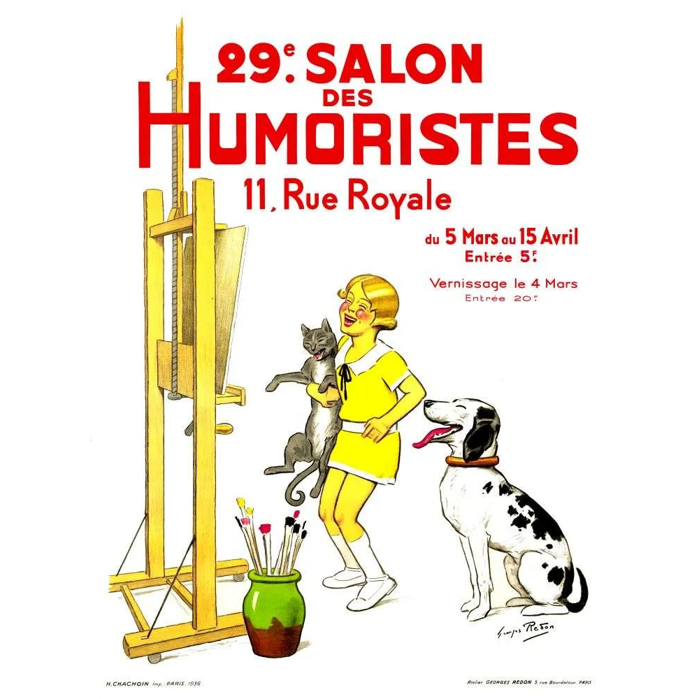 Affiche ancienne 29e Salon Humoristes – Fillette chat chien Paris Affiche ancienne 29e Salon Humoristes – Fillette chat chien Paris