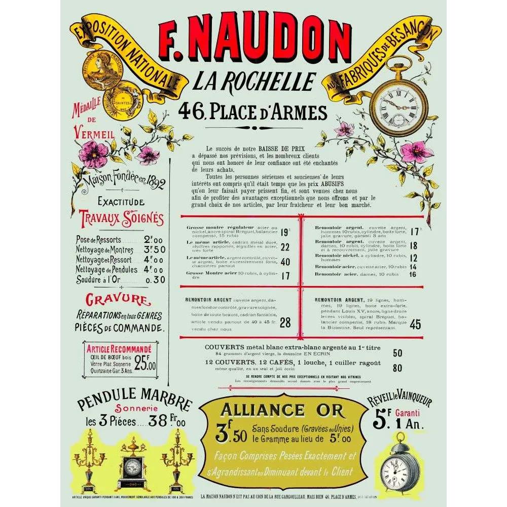 Document commercial vintage horloger Naudon La Rochelle 1892 Document commercial vintage horloger Naudon La Rochelle 1892