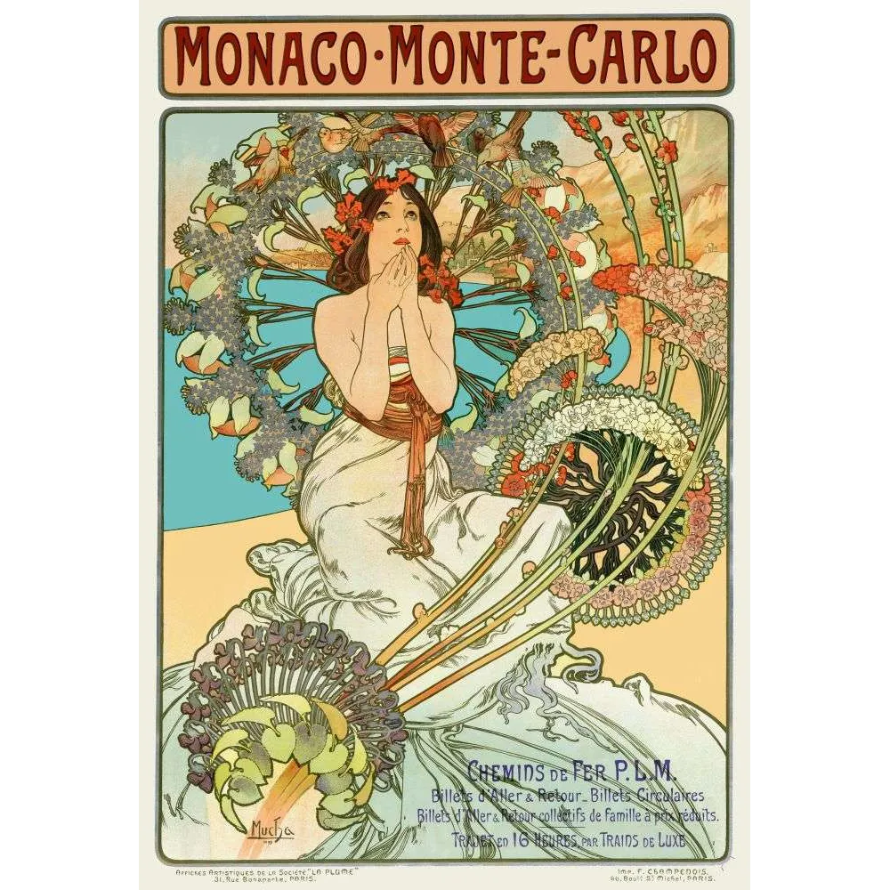 Affiche vintage Mucha Monaco Monte-Carlo PLM 1897 Art Nouveau Affiche vintage Mucha Monaco Monte-Carlo PLM 1897 Art Nouveau
