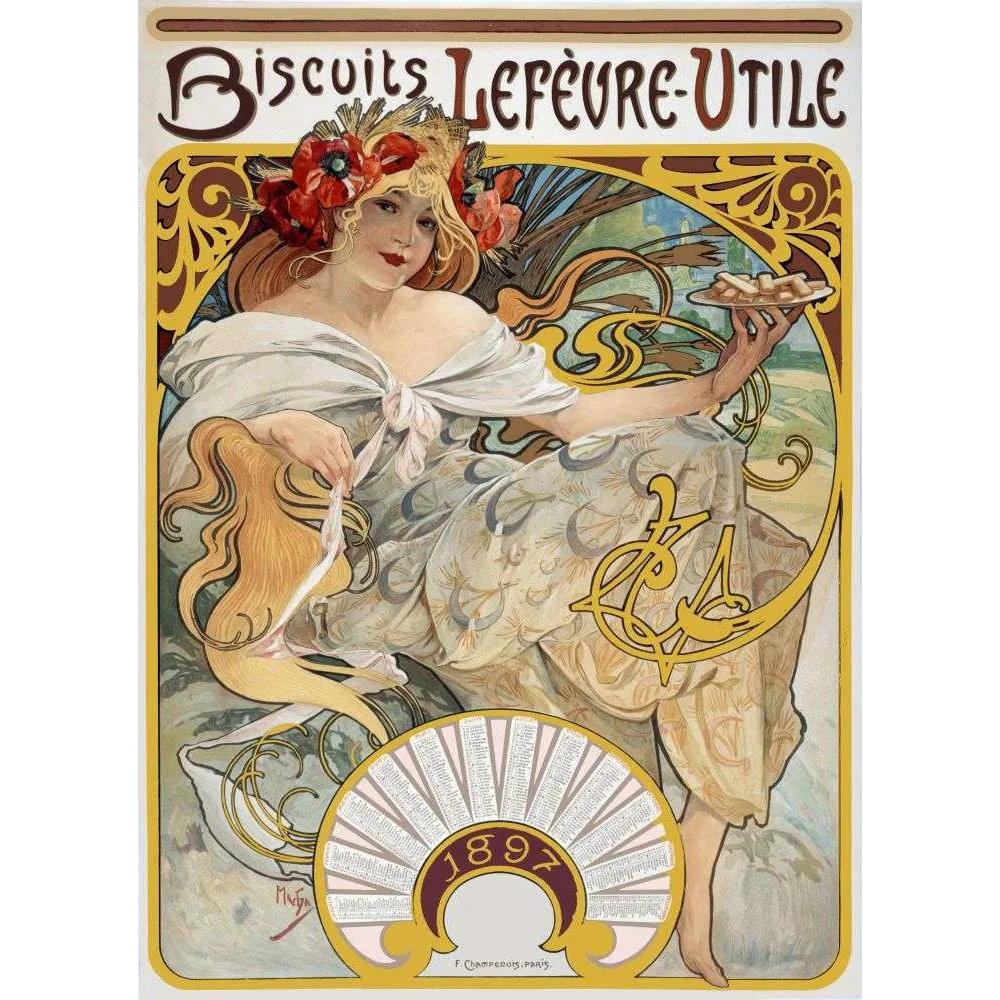 Pub vintage Biscuits LU Lefèvre-Utile Mucha calendrier 1897 Pub vintage Biscuits LU Lefèvre-Utile Mucha calendrier 1897