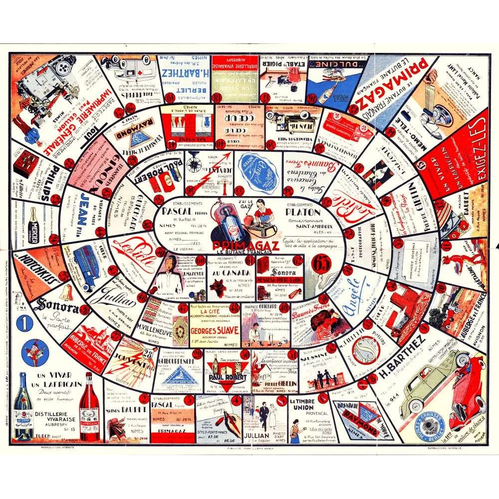Jeu de l'oie publicitaire vintage Primagaz Nîmes années 1950