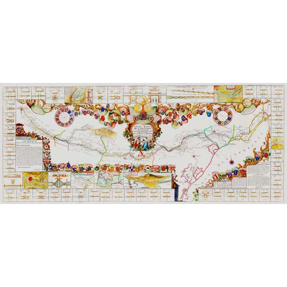 Fac-similé de carte ancienne Canal du Midi Languedoc XVIIe XVIIIe armoiries