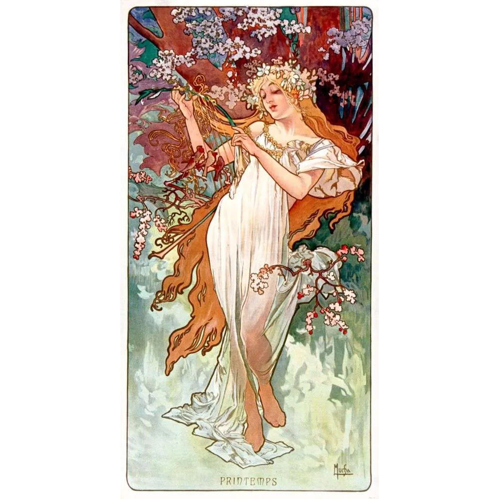 Illustration vintage Mucha Printemps Quatre Saisons 1896 Art Nouveau