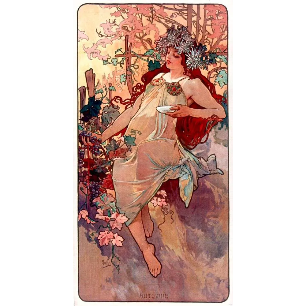 Illustration vintage Mucha Automne Quatre Saisons 1896 Art Nouveau