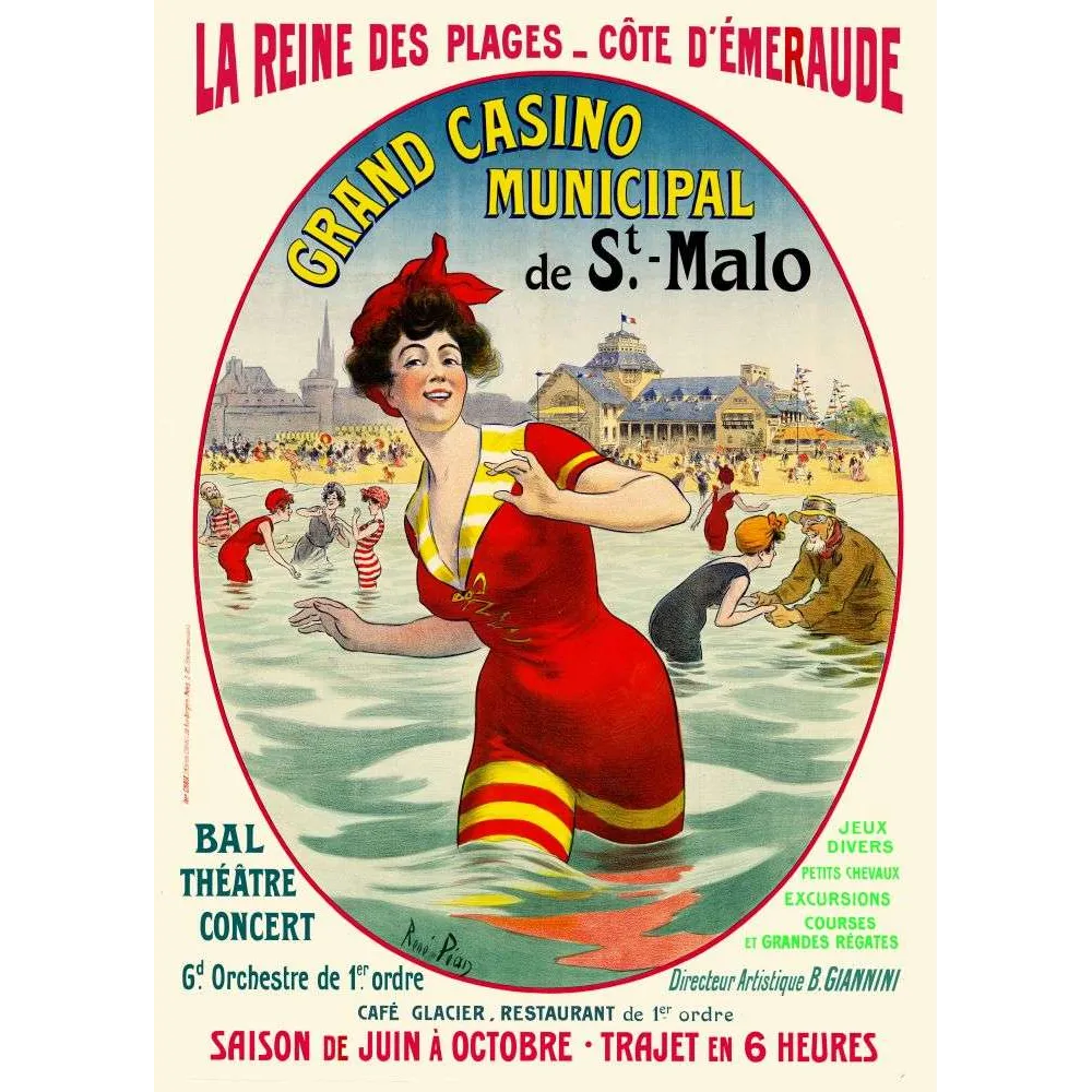 Affiche touristique vintage Casino Saint-Malo Côte Émeraude baigneuse