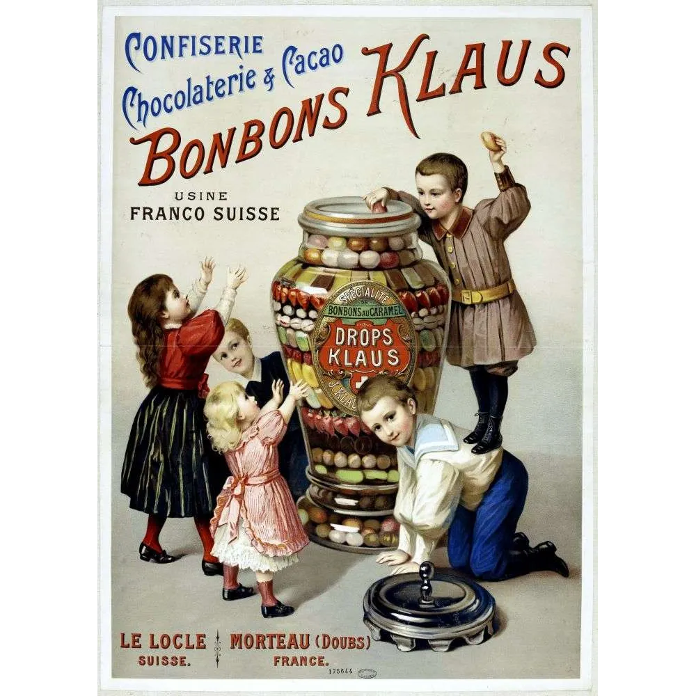 Pub vintage bonbons Klaus enfants bocal confiserie franco-suisse