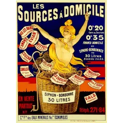 Sources à Domicile – Affiche pub vintage eaux minérales livraison Paris