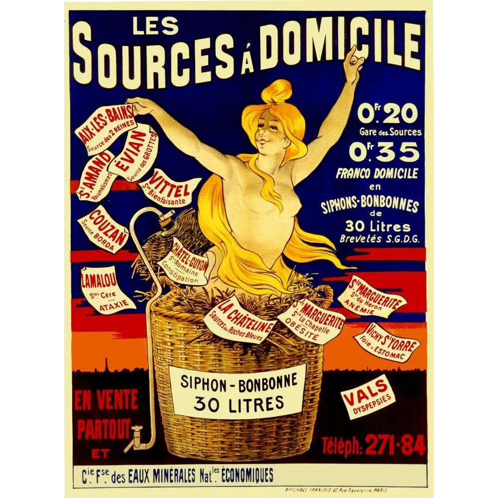 Sources à Domicile – Affiche pub vintage eaux minérales livraison Paris Sources à Domicile – Affiche pub vintage eaux minérales livraison Paris
