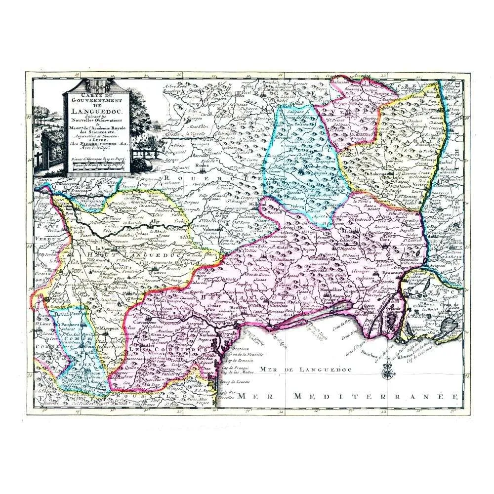 Carte Gouvernement Languedoc XVIIIe siècle Pierre Vander | Cadeau-Souvenir Carte Gouvernement Languedoc XVIIIe siècle Pierre Vander | Cadeau-Souvenir
