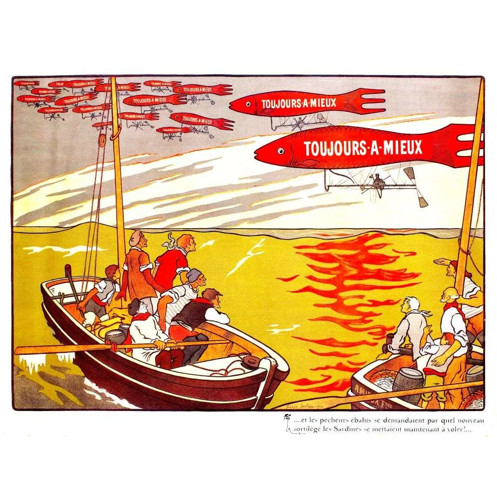 Affiche humoristique Toujours-A-Mieux sardines volantes pêcheurs | Cadeau-Souvenir Affiche humoristique Toujours-A-Mieux sardines volantes pêcheurs | Cadeau-Souvenir