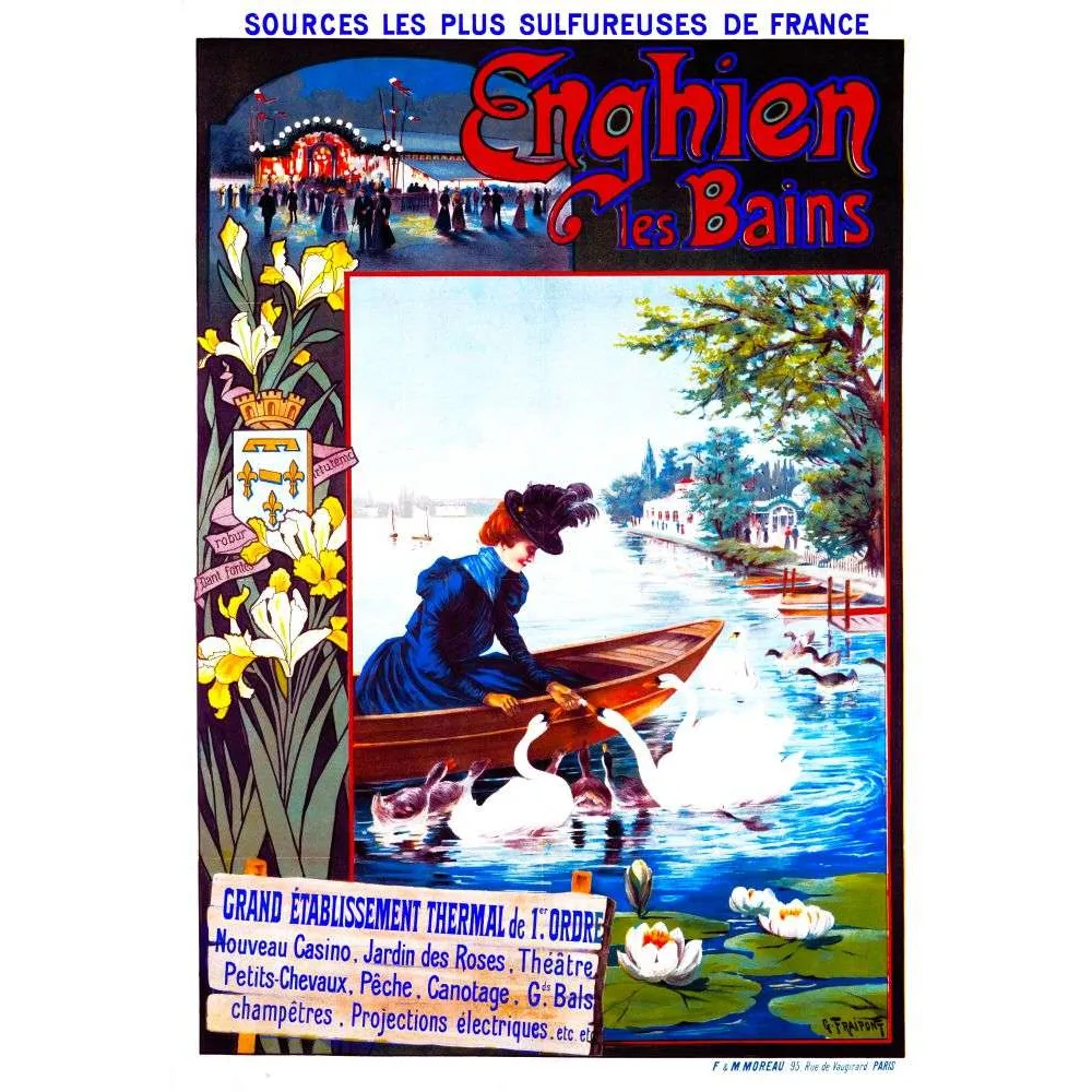 Affiche Enghien-les-Bains thermal lac cygnes Fraipont XIXe | Cadeau-Souvenir Affiche Enghien-les-Bains thermal lac cygnes Fraipont XIXe | Cadeau-Souvenir