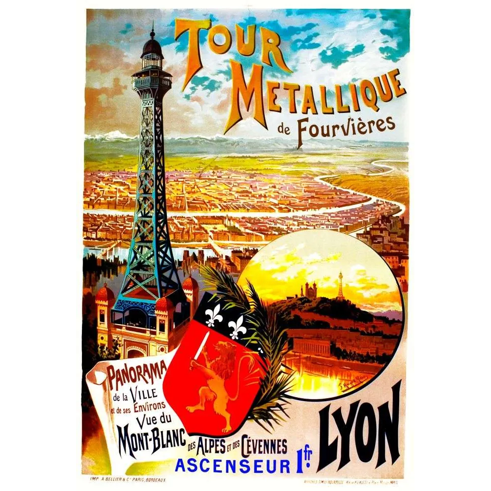 Affiche Tour Métallique Fourvières Lyon panorama Rhône XIXe | Cadeau-Souvenir