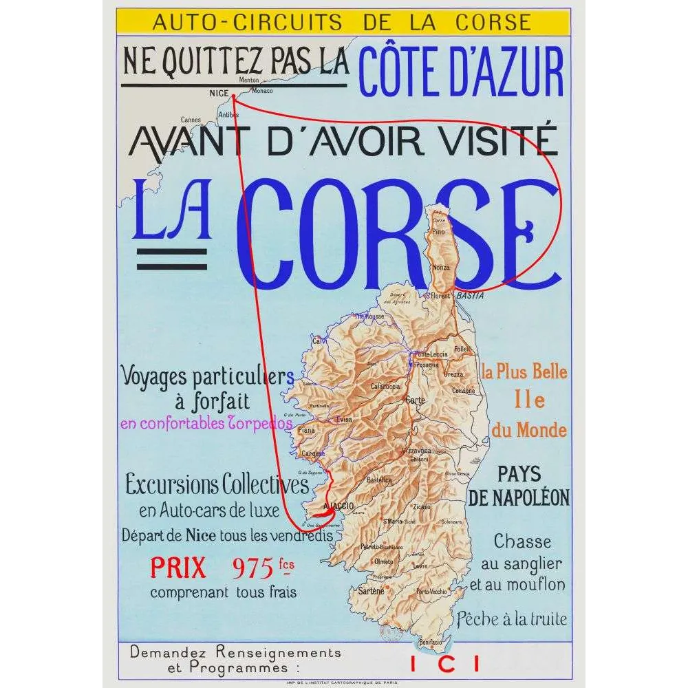 Affiche touristique Corse auto-circuits Côte d'Azur Nice Napoléon | Cadeau-Souvenir Affiche touristique Corse auto-circuits Côte d'Azur Nice Napoléon | Cadeau-Souvenir
