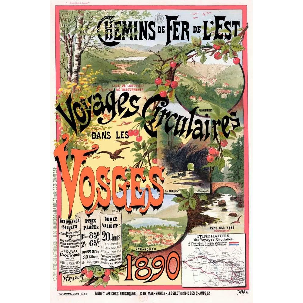 Affiche Voyages Circulaires Vosges Chemins Fer Est Fraipont 1890 | Cadeau-Souvenir Affiche Voyages Circulaires Vosges Chemins Fer Est Fraipont 1890 | Cadeau-Souvenir