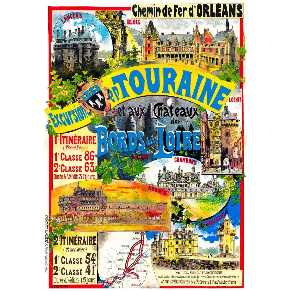 Affiche Touraine Châteaux Loire Orléans Chambord Blois Chenonceaux XIXe | Cadeau-Souvenir