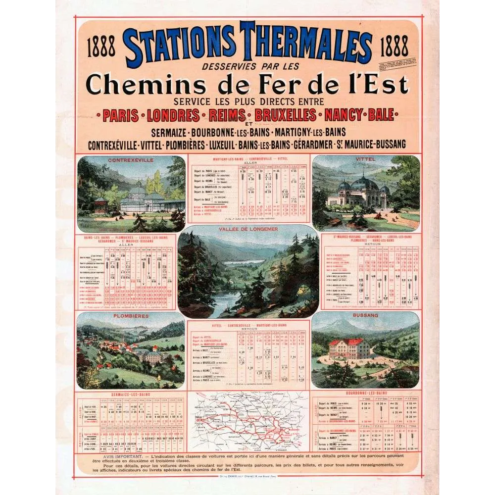 Affiche horaire Stations Thermales Chemins Fer Est 1888 Vittel Contrexéville | Cadeau-Souvenir