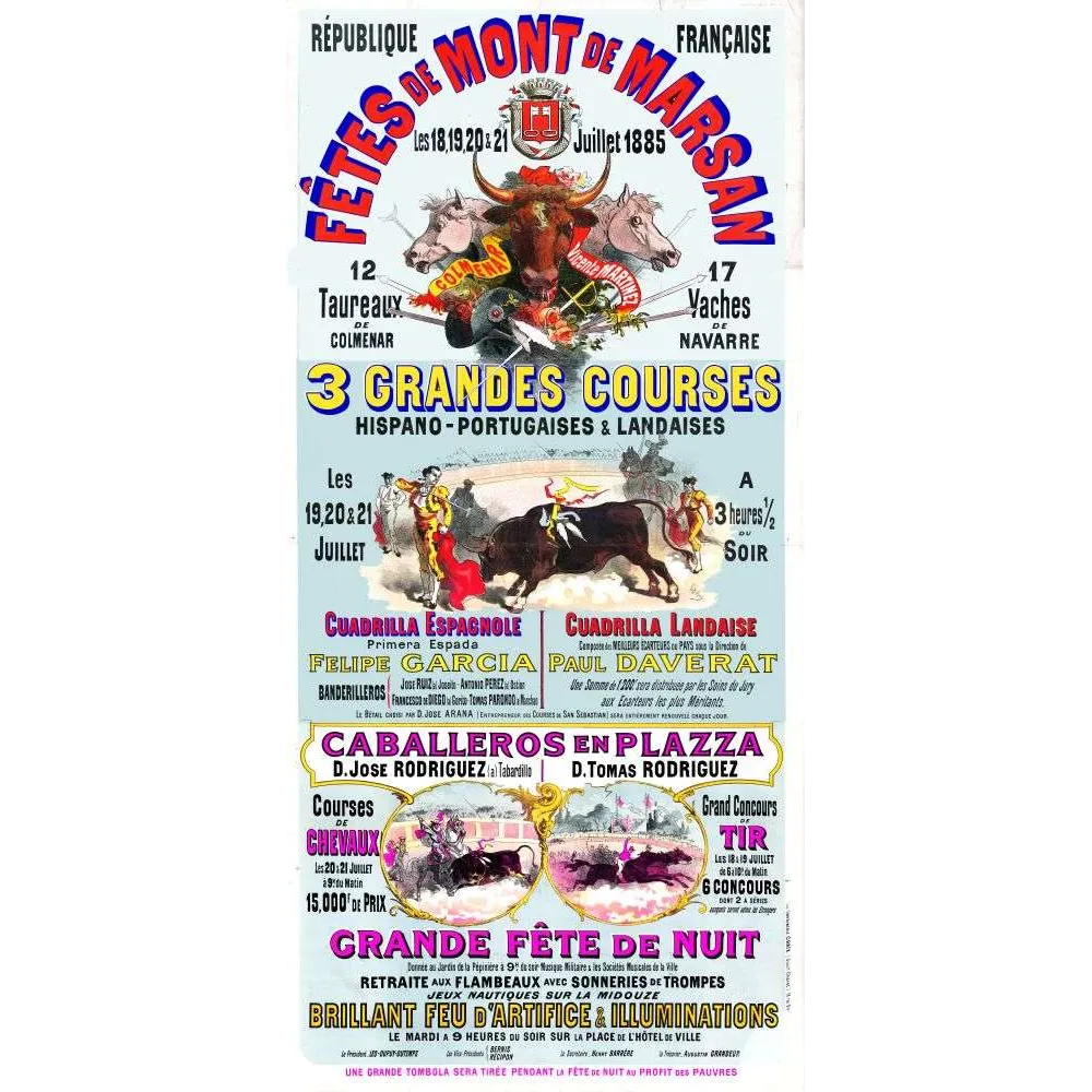 Affiche corrida Fêtes Mont-de-Marsan courses landaises 1885 | Cadeau-Souvenir Affiche corrida Fêtes Mont-de-Marsan courses landaises 1885 | Cadeau-Souvenir