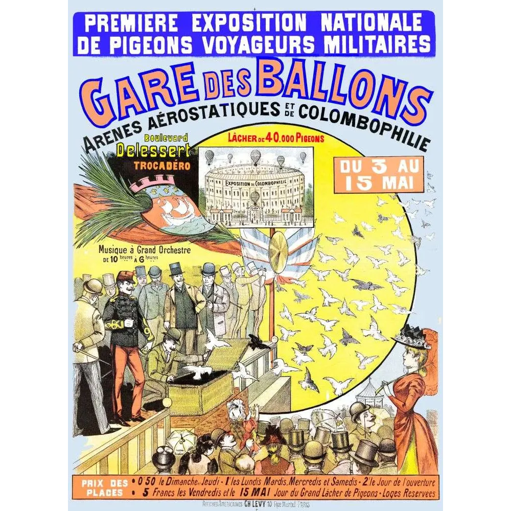 Affiche Gare Ballons Pigeons Voyageurs Militaires Trocadéro Paris XIXe | Cadeau-Souvenir