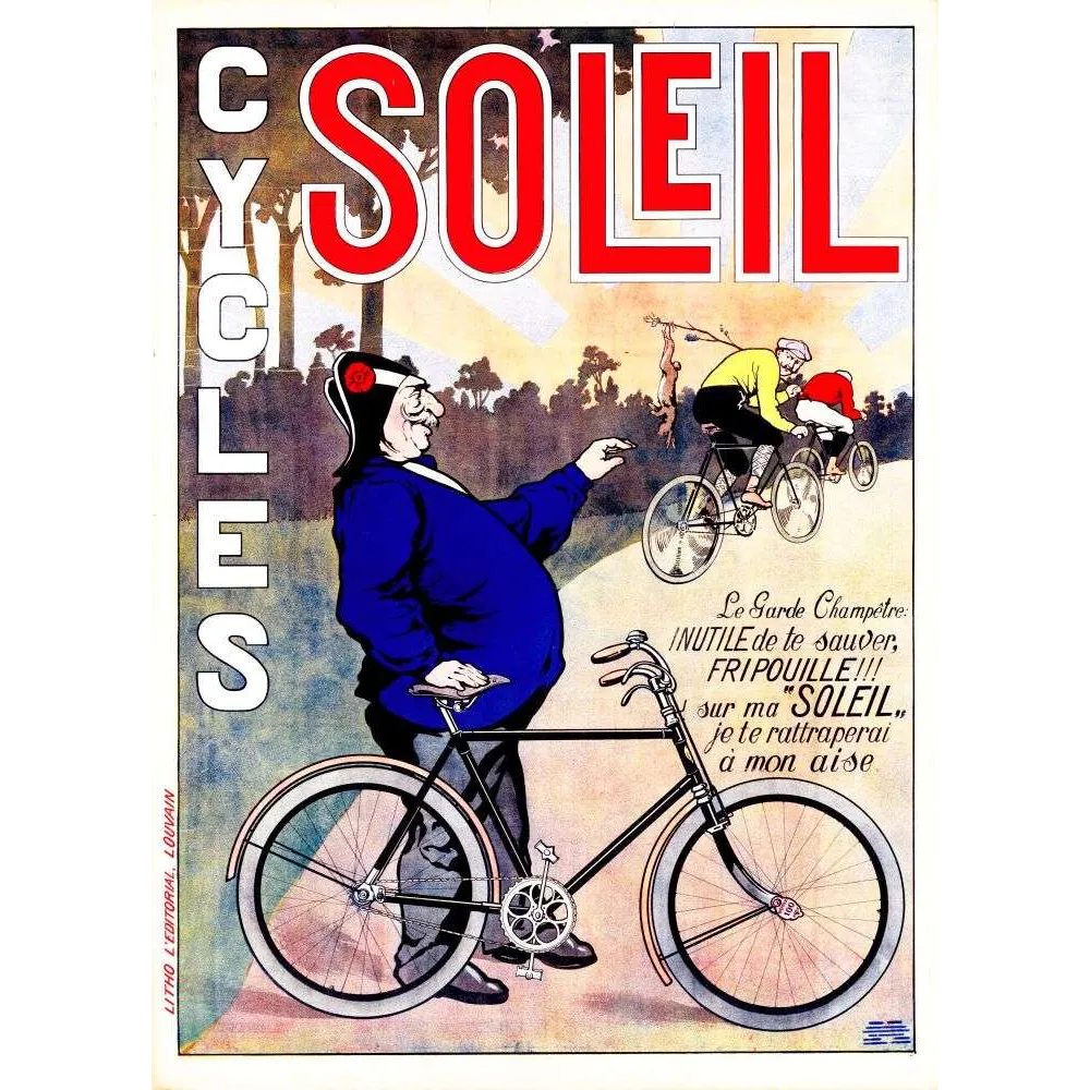 Affiche humoristique Cycles Soleil garde champêtre vélo fuite début XXe | Cadeau-Souvenir