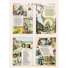 Quatre fables illustrées de La Fontaine, chacune en vinyle: scènes colorées XIXe siècle avec personnes, animaux et poèmes. Rever