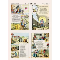 Quatre fables illustrées de La Fontaine, chacune en vinyle: scènes colorées XIXe siècle avec personnes, animaux et poèmes. Rever