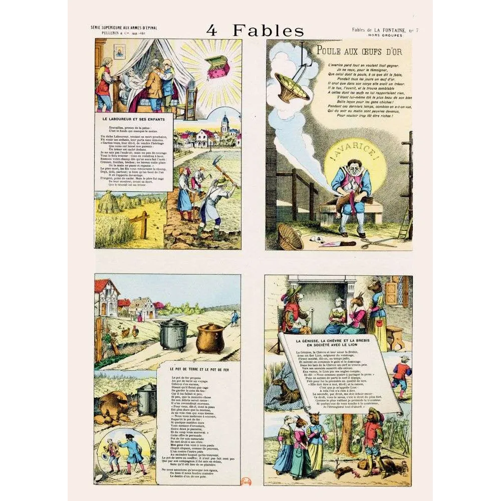 Quatre fables illustrées de La Fontaine, chacune en vinyle: scènes colorées XIXe siècle avec personnes, animaux et poèmes. Rever Quatre fables illustrées de La Fontaine, chacune en vinyle: scènes colorées XIXe siècle avec personnes, animaux et poèmes. Rever