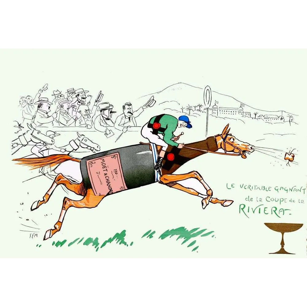 Illustration humoristique Sem Coupe Riviera cheval champagne Moët courses | Cadeau-Souvenir Illustration humoristique Sem Coupe Riviera cheval champagne Moët courses | Cadeau-Souvenir