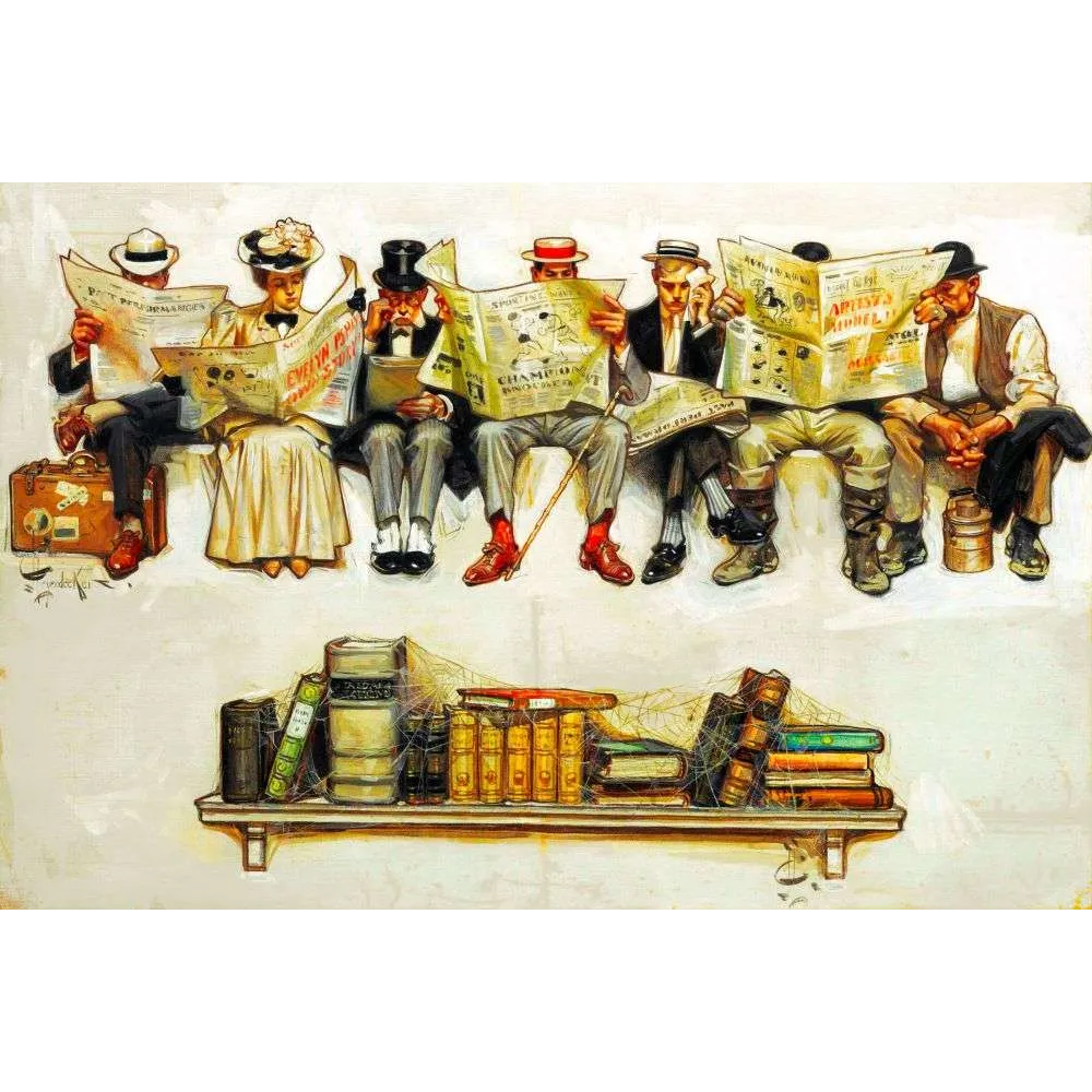 Illustration Leyendecker lecteurs journaux livres abandonnés humour américain | Cadeau-Souvenir