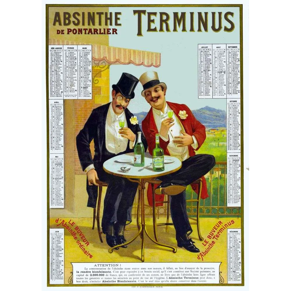 Calendrier Absinthe Terminus Pontarlier – Affiche pub XIXe | Publicité vintage Calendrier Absinthe Terminus Pontarlier – Affiche pub XIXe | Publicité vintage