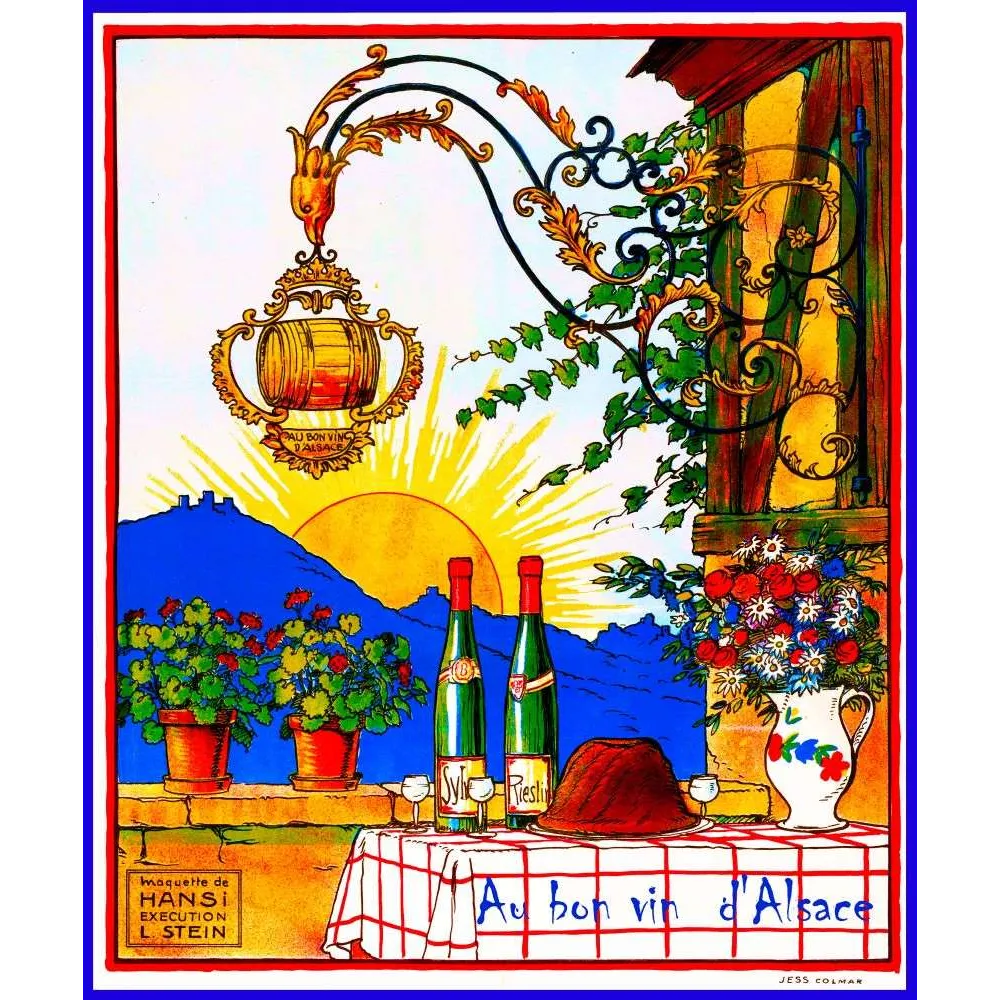 Au Bon Vin d'Alsace Hansi – Illustration publicitaire vintage | Publicité vintage