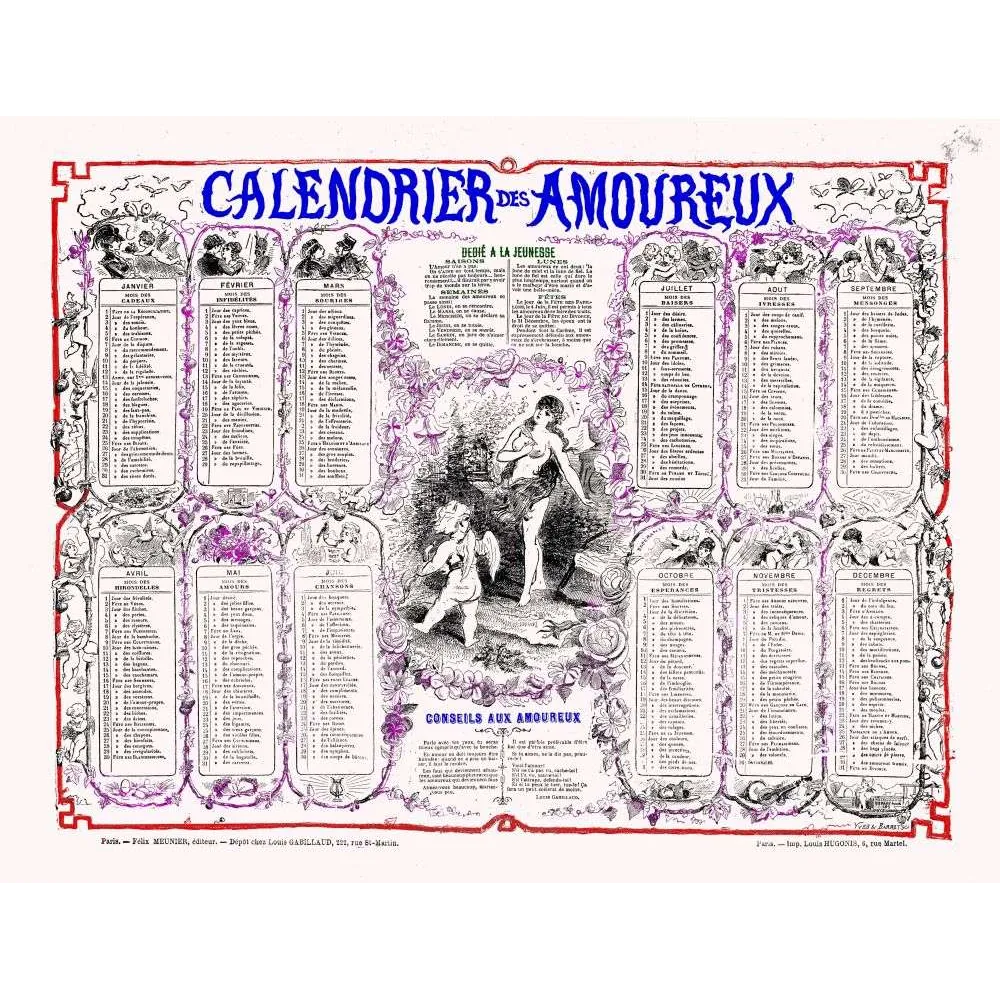 Calendrier des Amoureux Paris XIXe – Illustration humoristique vintage | Fac-similé de document ancien Calendrier des Amoureux Paris XIXe – Illustration humoristique vintage | Fac-similé de document ancien