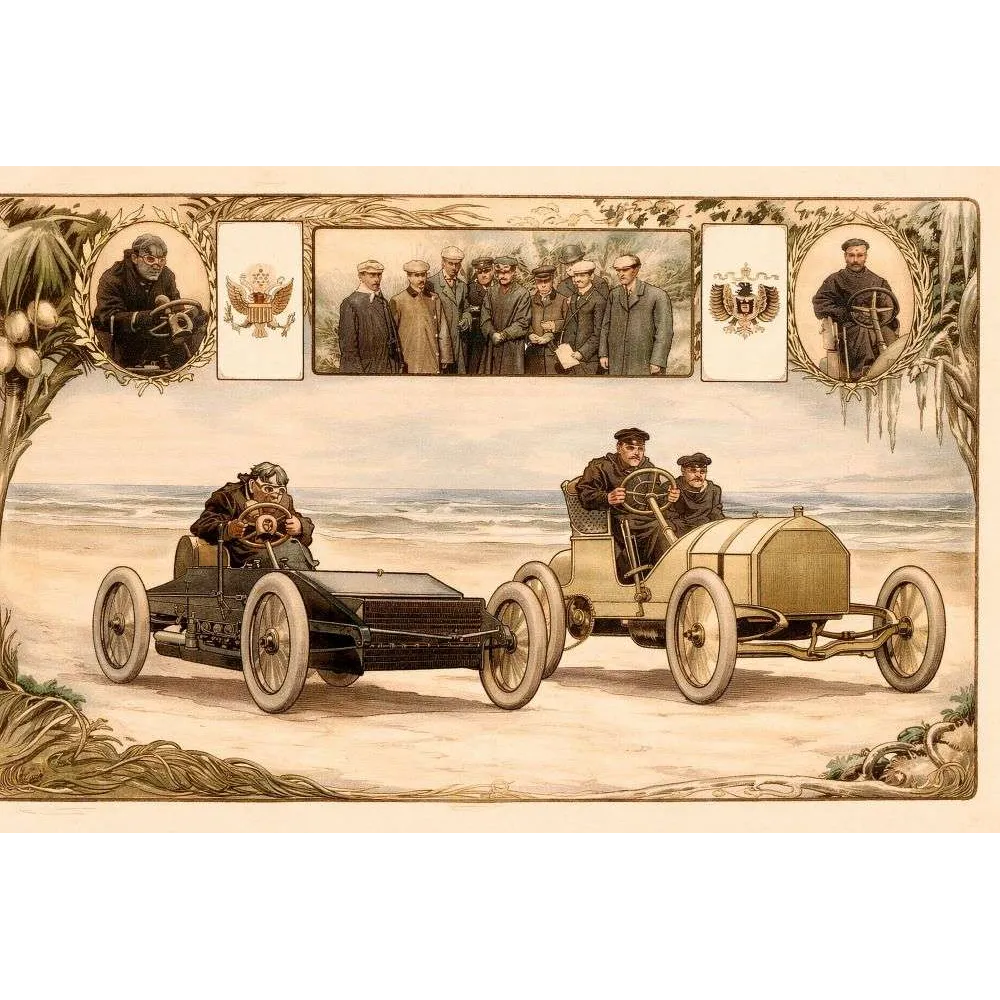 Illustration Course Automobile Plage – Document sportif vintage début XXe | Fac-similé de document ancien Illustration Course Automobile Plage – Document sportif vintage début XXe | Fac-similé de document ancien