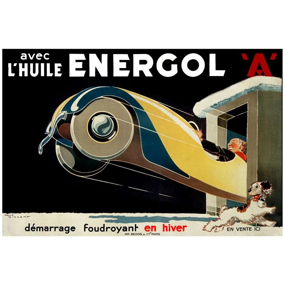 Affiche Huile Energol René Vincent – Démarrage Hiver Publicité vintage | Publicité vintage