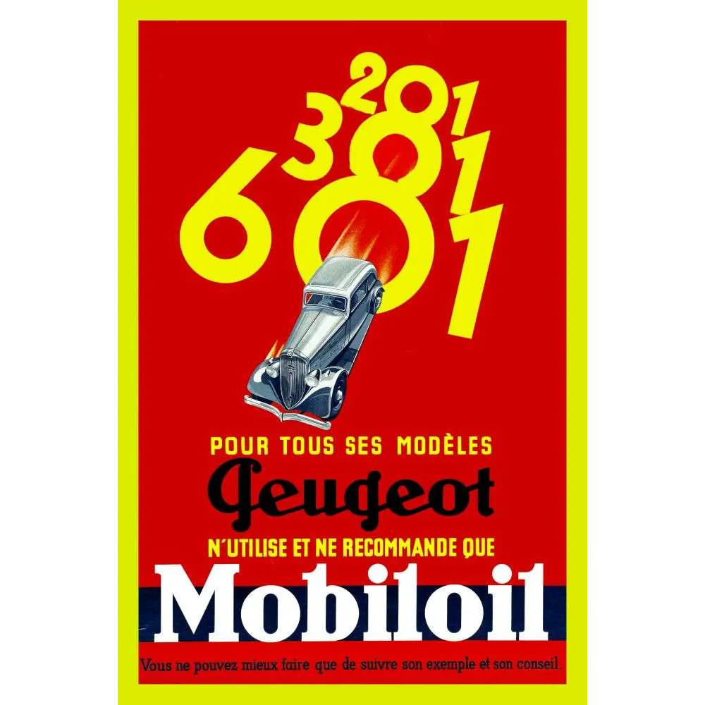 Affiche Peugeot Mobiloil Huile Moteur – Publicité automobile vintage | Publicité vintage