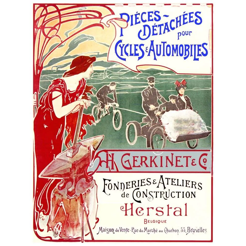 Affiche Gerkinet Pièces Cycles Automobiles Herstal – Art Nouveau Belgique | Publicité vintage Affiche Gerkinet Pièces Cycles Automobiles Herstal – Art Nouveau Belgique | Publicité vintage