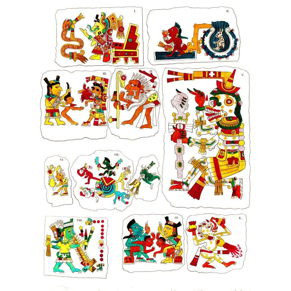 Planche Codex Mésoaméricain Figures Mythologiques – Fac-similé de document ancien Planche Codex Mésoaméricain Figures Mythologiques – Fac-similé de document ancien