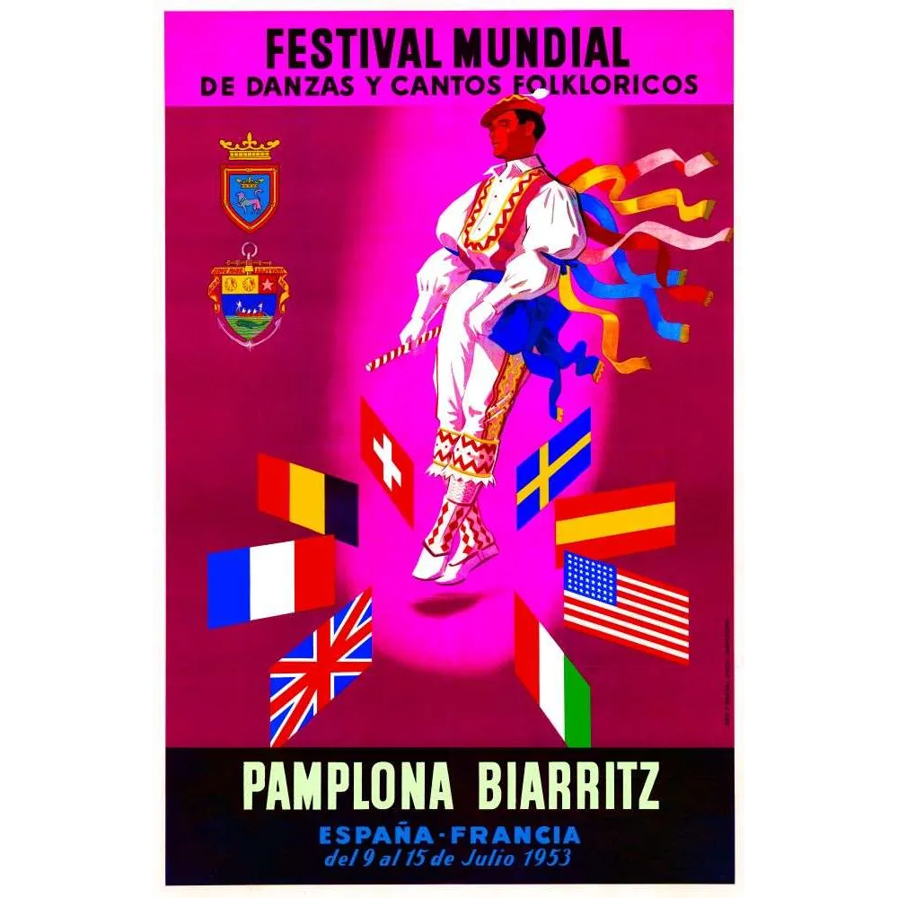 Affiche Festival Folklore Pamplona Biarritz 1953 – Publicité vintage Affiche Festival Folklore Pamplona Biarritz 1953 – Publicité vintage