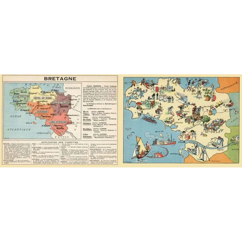 Carte Illustrée Bretagne Rennes Quimper Vannes – Cartographie ancienne Carte Illustrée Bretagne Rennes Quimper Vannes – Cartographie ancienne