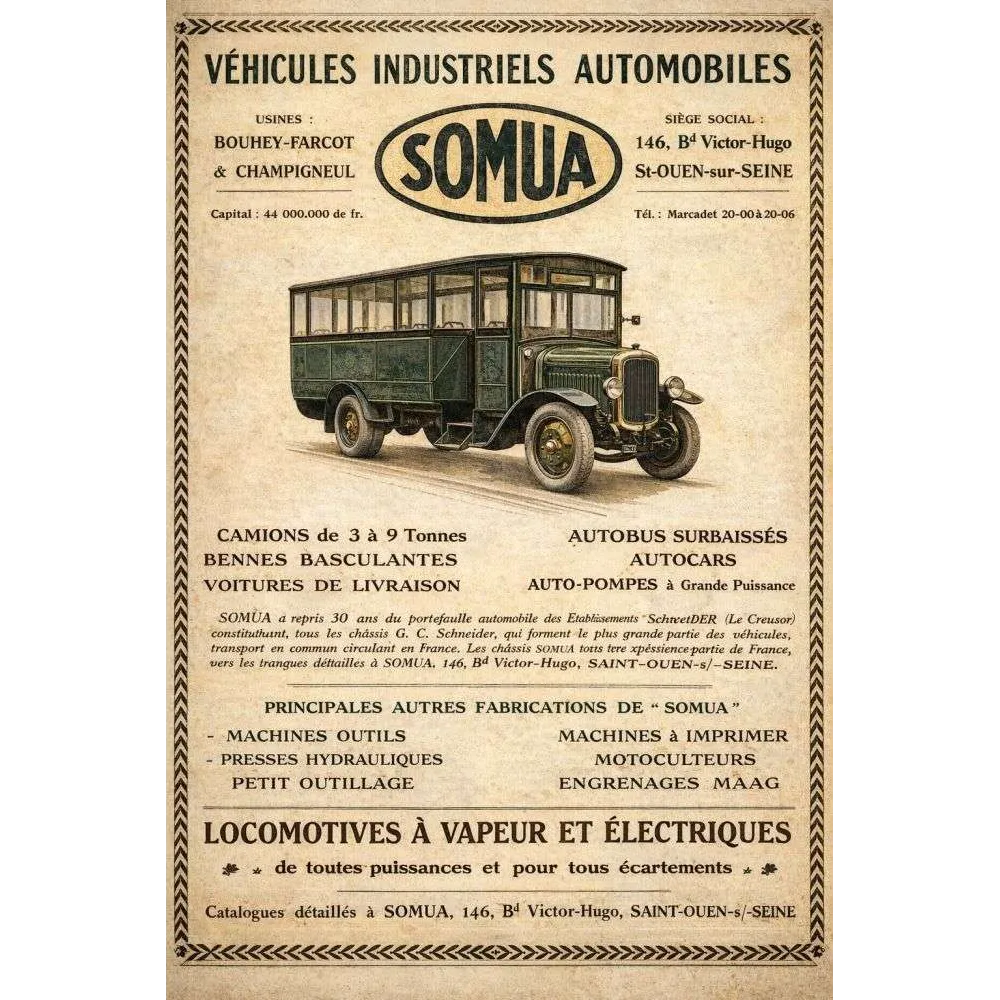 Affiche SOMUA Véhicules Industriels Autobus Saint-Ouen – Publicité vintage Affiche SOMUA Véhicules Industriels Autobus Saint-Ouen – Publicité vintage