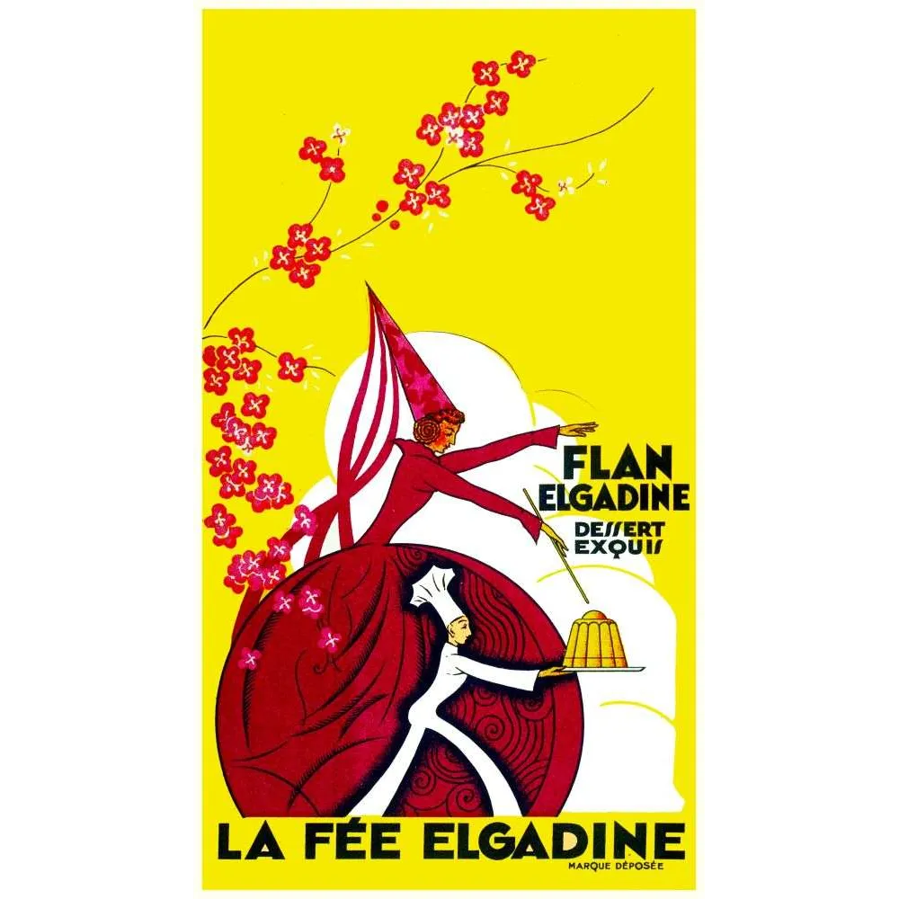 Affiche Flan Elgadine Dessert Art Déco Fée Chef – Publicité vintage Affiche Flan Elgadine Dessert Art Déco Fée Chef – Publicité vintage