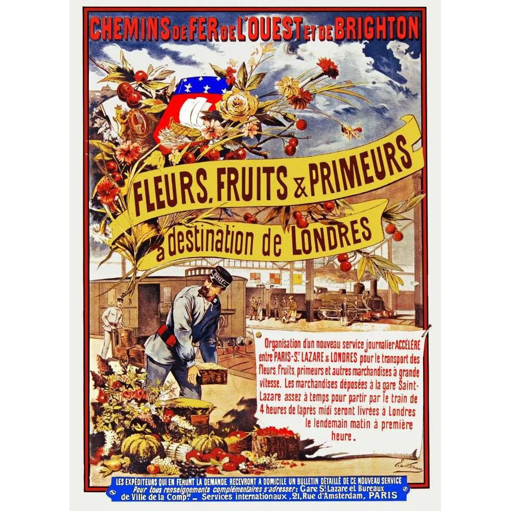 Affiche Chemins de Fer Paris Londres Fleurs Fruits – Publicité vintage Affiche Chemins de Fer Paris Londres Fleurs Fruits – Publicité vintage