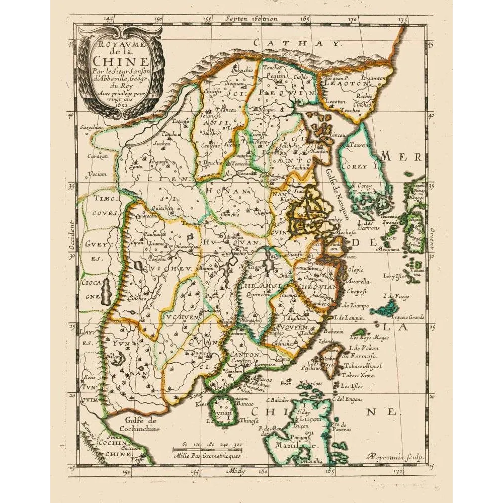 Fac-similé de carte ancienne Royaume de Chine Sanson d'Abbeville 1652 – Cartographie ancienne Fac-similé de carte ancienne Royaume de Chine Sanson d'Abbeville 1652 – Cartographie ancienne