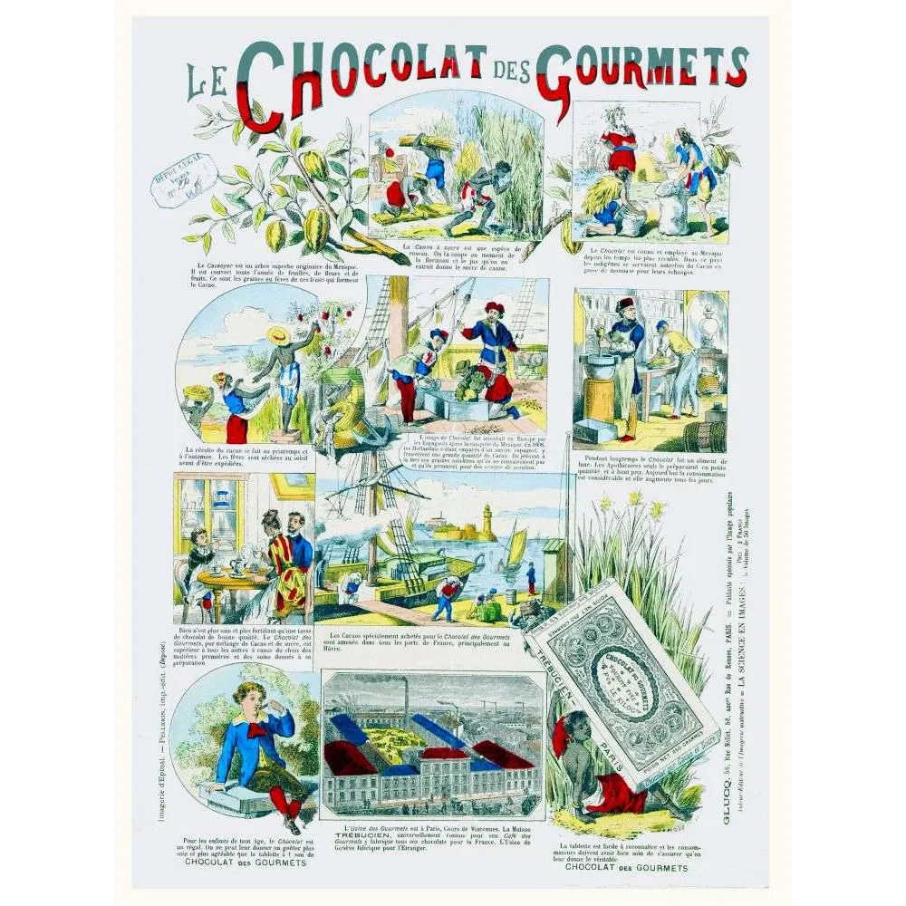 Planche Chocolat des Gourmets Histoire du Cacao Imagerie Épinal – Publicité vintage Planche Chocolat des Gourmets Histoire du Cacao Imagerie Épinal – Publicité vintage