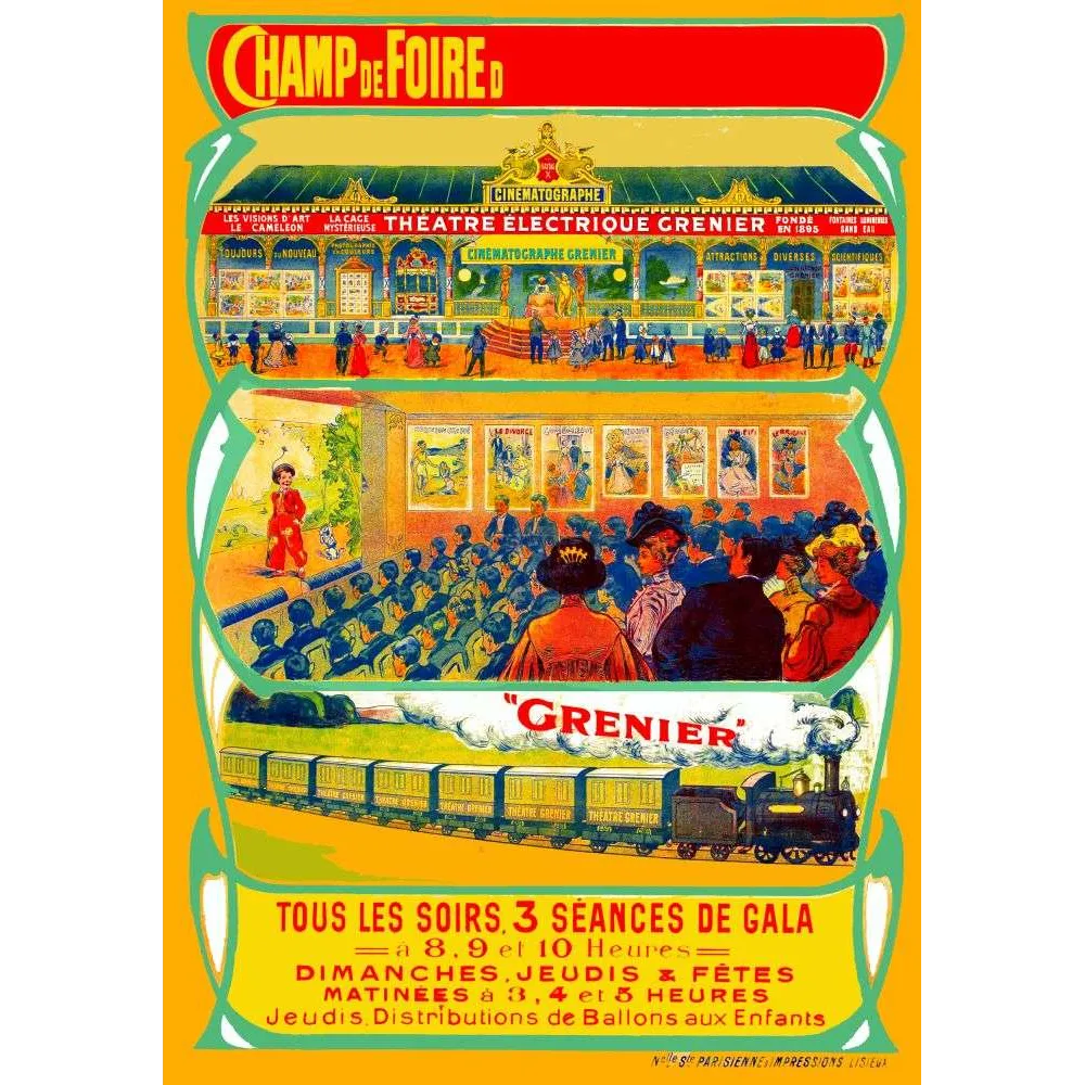 Affiche Théâtre Électrique Grenier Cinématographe Champ de Foire – Publicité vintage
