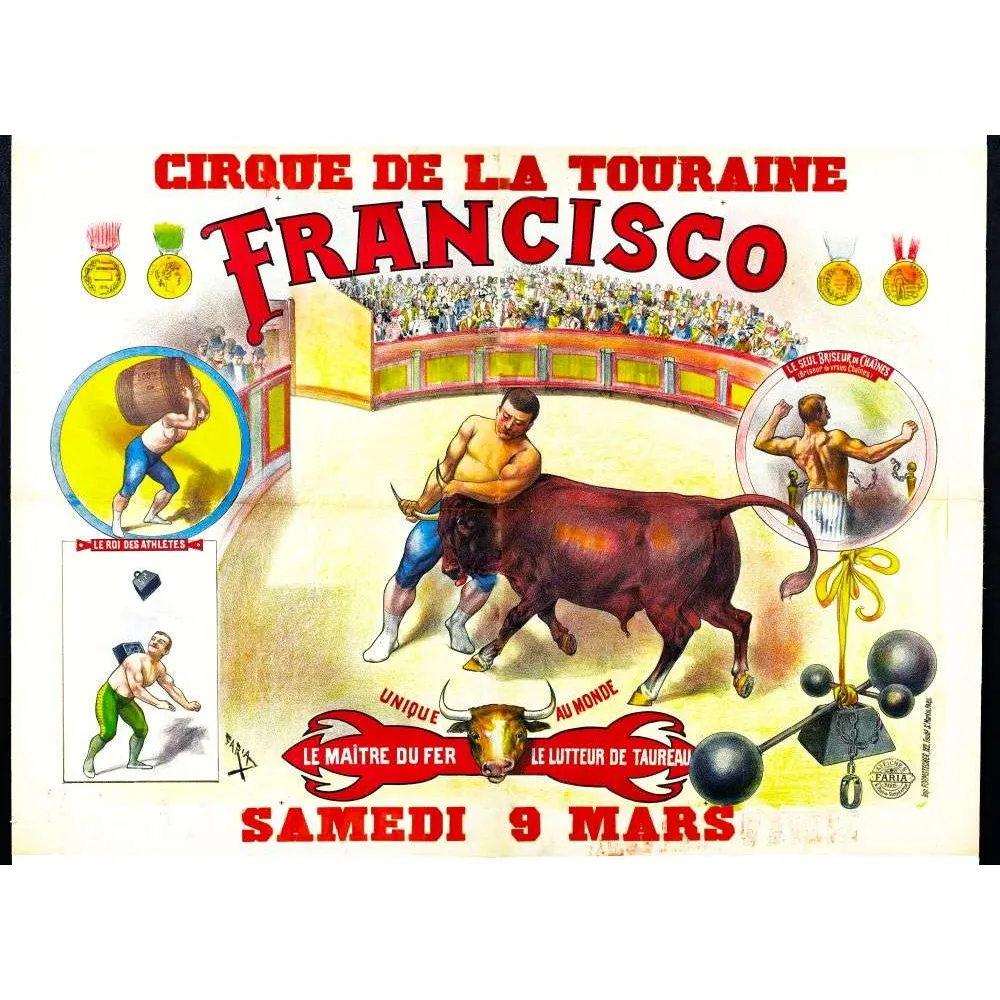 Affiche Cirque de la Touraine Francisco Lutteur Taureau Maître du Fer – Publicité vintage Affiche Cirque de la Touraine Francisco Lutteur Taureau Maître du Fer – Publicité vintage