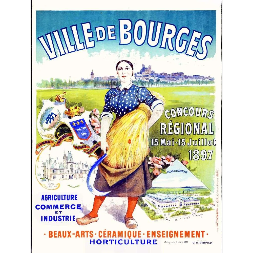 Affiche Ville de Bourges Concours Régional Agriculture 1897 Berry – Publicité vintage Affiche Ville de Bourges Concours Régional Agriculture 1897 Berry – Publicité vintage