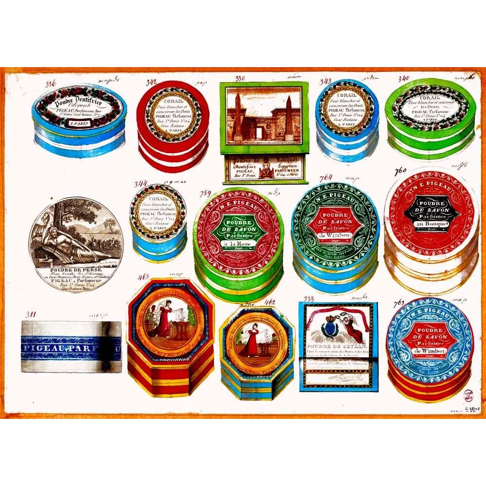 Planche Catalogue Boîtes Parfumerie Pigeau Poudre Paris XIXe – Fac-similé de document ancien Planche Catalogue Boîtes Parfumerie Pigeau Poudre Paris XIXe – Fac-similé de document ancien