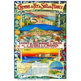Affiche Chemins de Fer Sud France Grasse Hyères Saint-Raphaël Côte d'Azur – Publicité vintage
